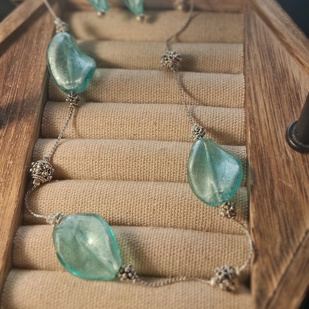 Aqua Glass Petal Necklace - Elegant Blue-Green Women's Necklace